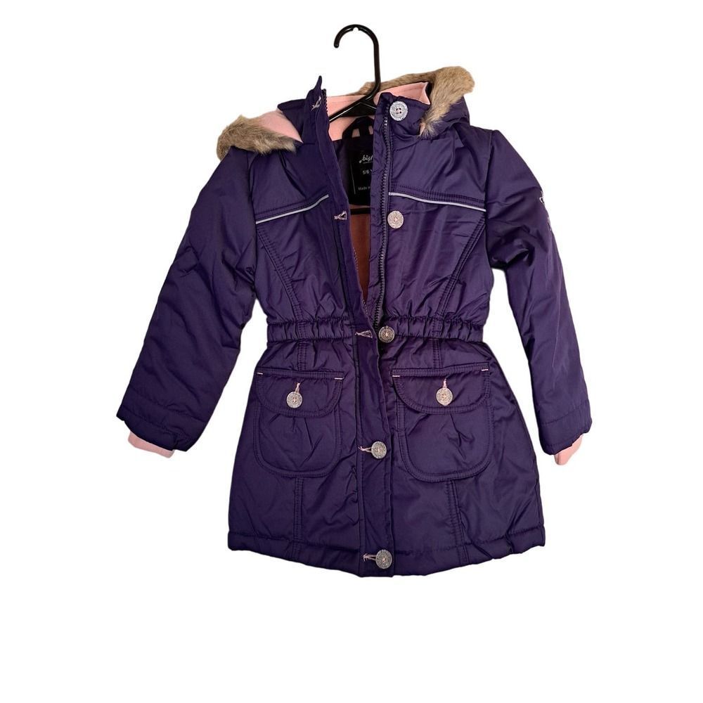 Purple Puffer Coat with Faux Fur Hood